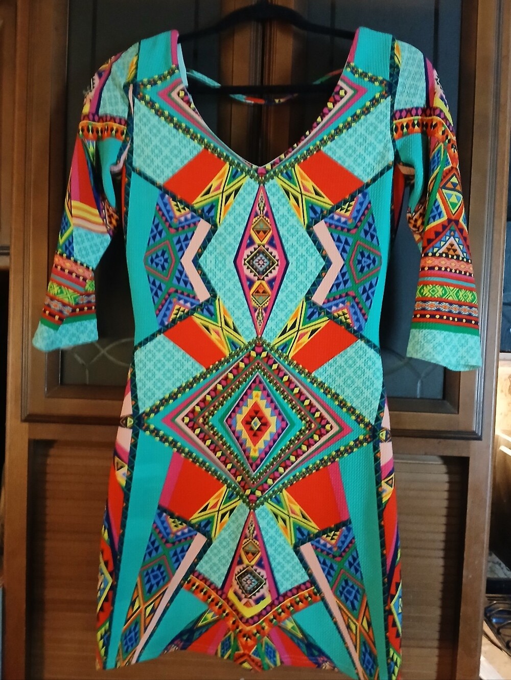 Vibrant Pink Owl Geo-Print Dress in Turquoise & Red